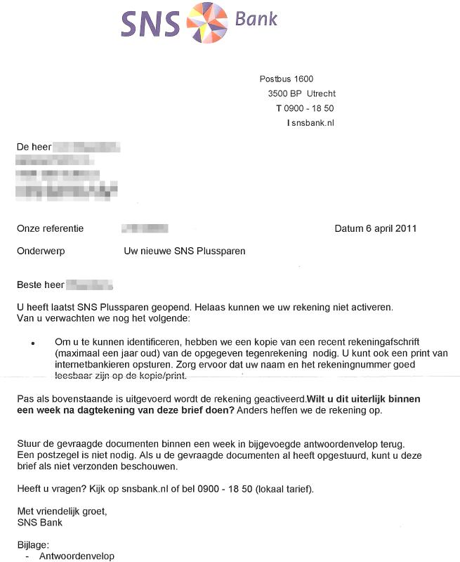 Brief van SNS-bank